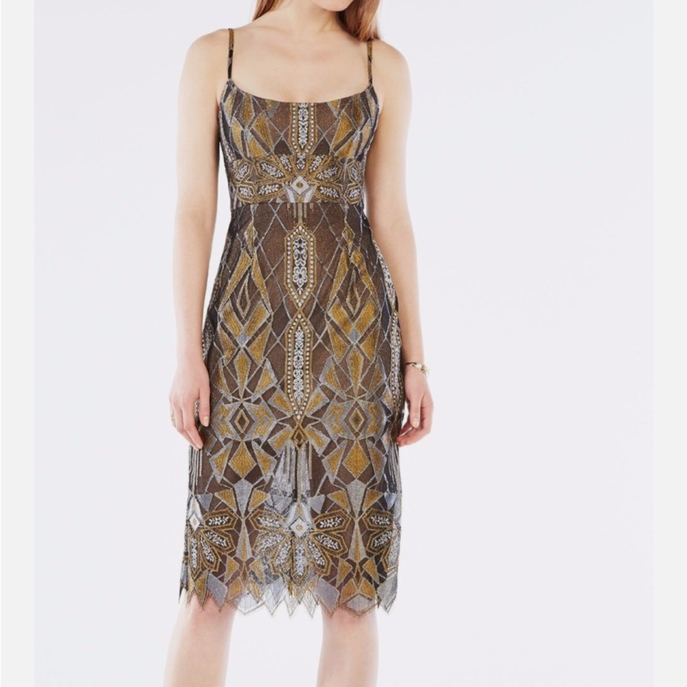 BCBG Max Azria Alese Metallic Geometric Art Deco Lace Cocktail Dress Size 0